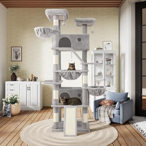SHA CERLIN 81in Multi-Level Cat Tree Tower with Hammock & Sisal Posts, Grey