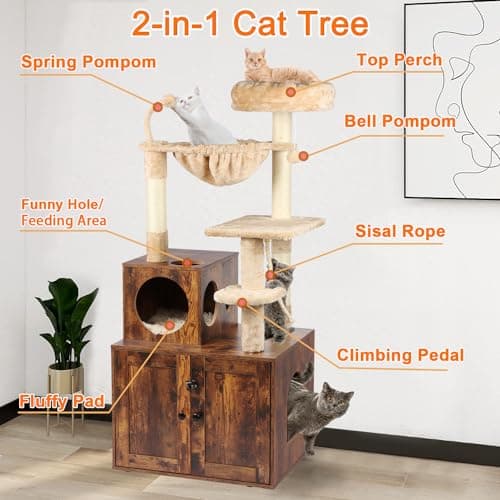 2-in-1 Cat Tower with Litter Box Enclosure and Large Furniture, Rustic Brown