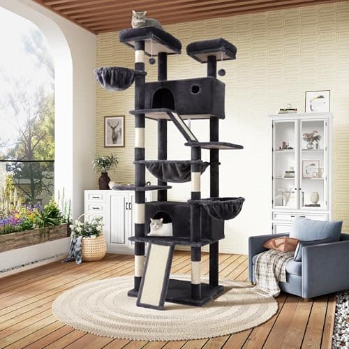 SHA CERLIN 81in Multi-Level Cat Tree Tower with Hammock & Sisal Posts, Grey — Dark Grey