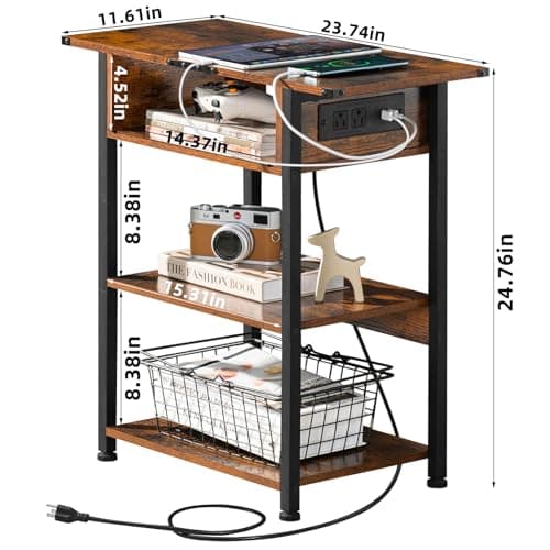 Lerliuo Narrow Side Table with Charging Station, Brown Nightstand for Small Spaces
