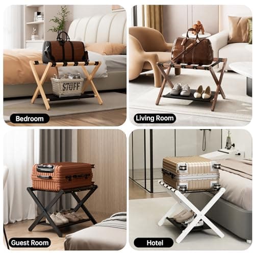 Solid Oak Wood Luggage Rack with Storage, Leather Straps, White, Ideal for Guest Room, Bedroom, Hotel