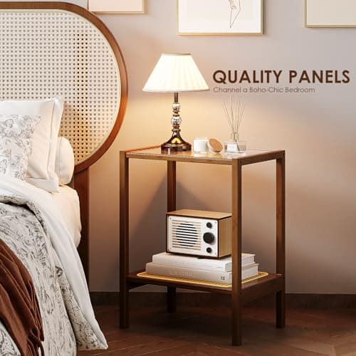 Bamworld Rattan 2-Tier Side Table with Storage Boho Living Room Glasstop Narrow Coffee Table