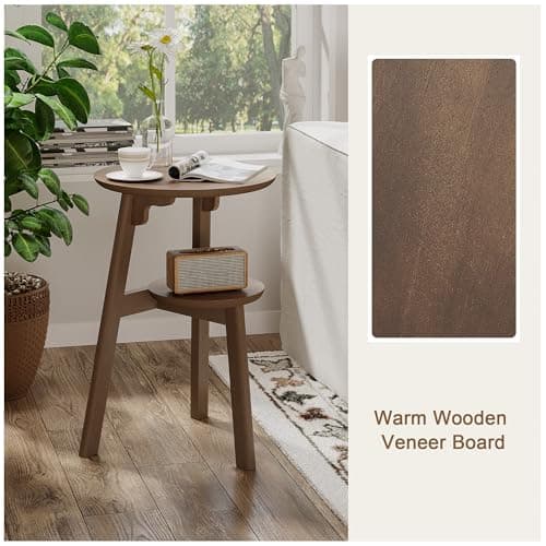 ChooChoo Round End Table with 2 Tier Shelf for Small Spaces, Walnut