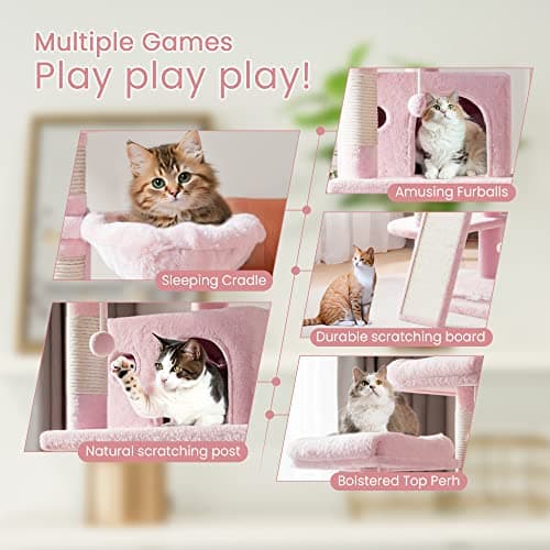 SHA CERLIN 68-Inch Multi-Level Cat Tree for Large Cats with Condo, Perches, Scratching Posts, and Hammocks - Pink