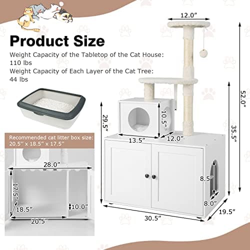 Tangkula 2-in-1 Litter Box with Cat Tree & Hidden Washroom for Indoor Cats (White)