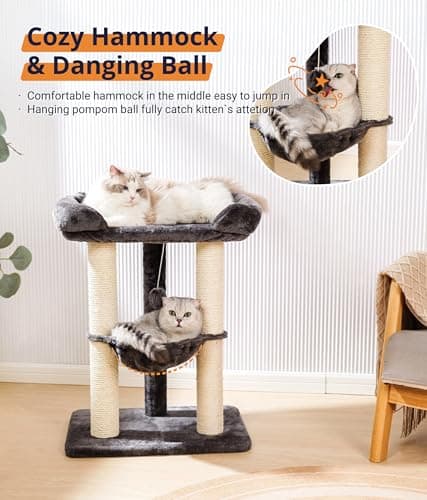Happi N Pets 28" Tall Cat Tree Tower for Maine Coon, Sisal Scratcher & Soft Perch-Gray