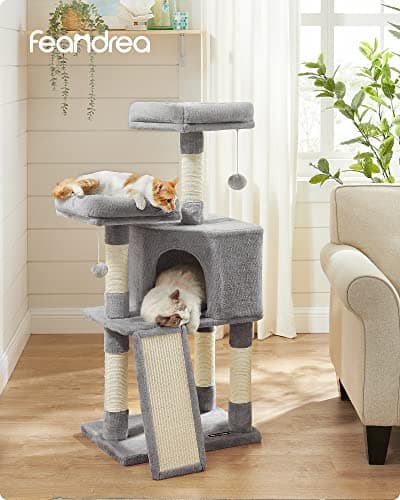 Feandrea Light Gray 45.3-Inch Cat Tower with Scratching Post and Cave