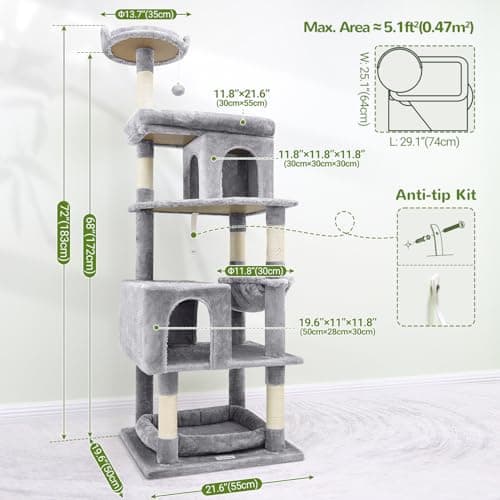 Sturdy 72in S72 Heavy Duty Cat Tree for Large Cats 20 lbs+ Light Grey