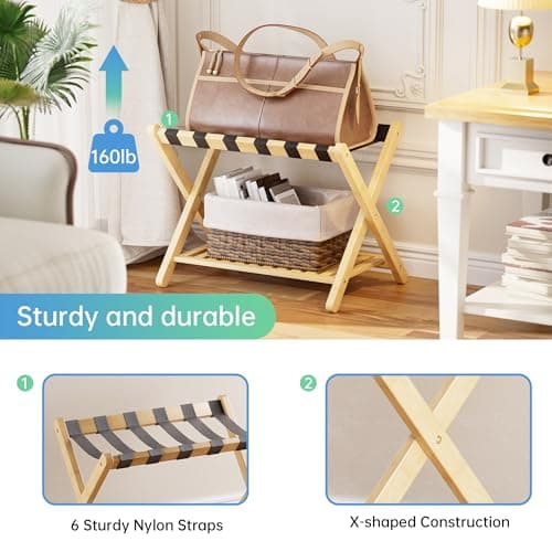 SMIBUY Natural Foldable Bamboo Luggage Rack with Storage Shelf