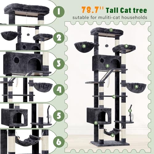 Tall Cat Tree for Large Cats, 200cm Tower with Hammock & Scratching Post GCT031G