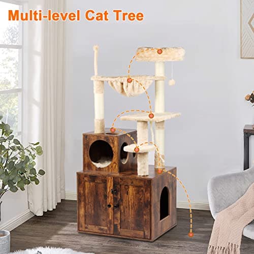 2-in-1 Cat Tower with Litter Box Enclosure and Large Furniture, Rustic Brown