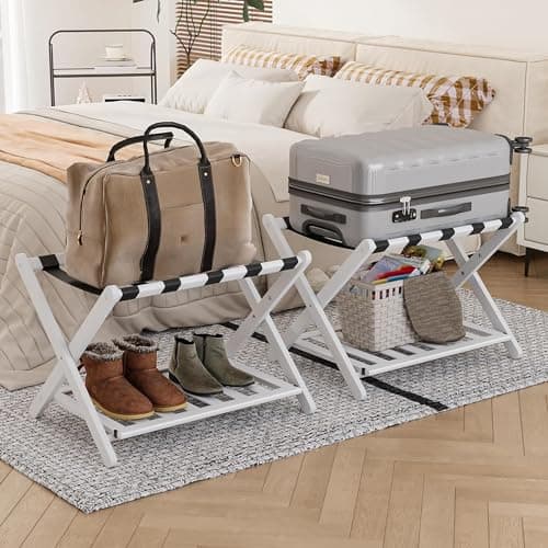 Fully Assembled Bamboo Luggage Stand with Storage, 5 Nylon Straps, Heavy Duty, Natural — White-2 Pack