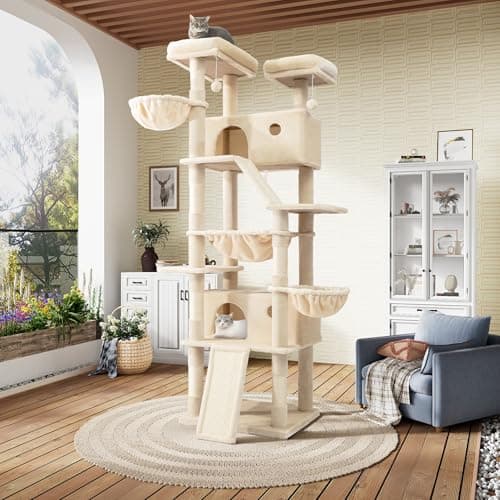 SHA CERLIN 81in Multi-Level Cat Tree Tower with Hammock & Sisal Posts, Grey — Beige