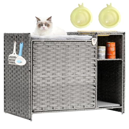 Grey GCLB002G Handwoven Rattan Cat Condo with Litter Box Furniture