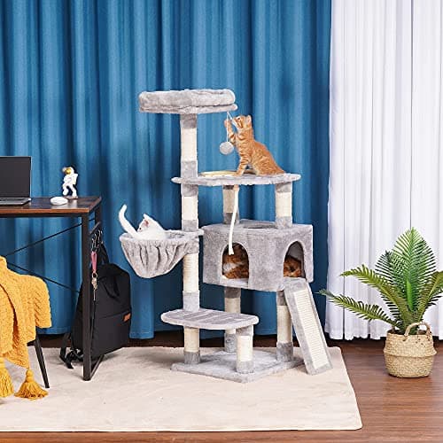 Heybly Multi-Level Cat Tree with Scratching Board & Feeding Bowl - Light Gray