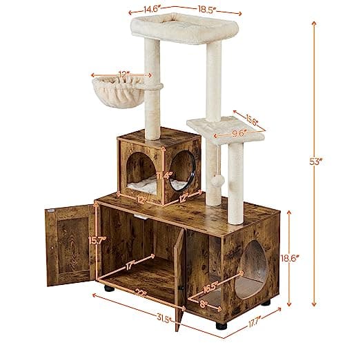 Yaheetech Cat House with Litter Box Enclosure and Tree - All-in-One Wooden Furniture in Rustic Brown/Beige