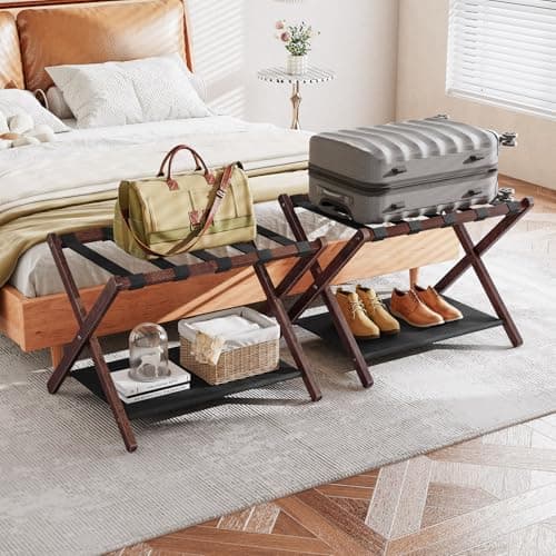 Bamboo HOOBRO Luggage Rack, Folding Holder with Straps, Brown & Black BR17XL01
