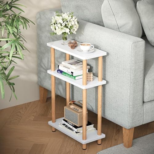 Apicizon Black 3-Tier Narrow Side Table with Storage — White and Natural