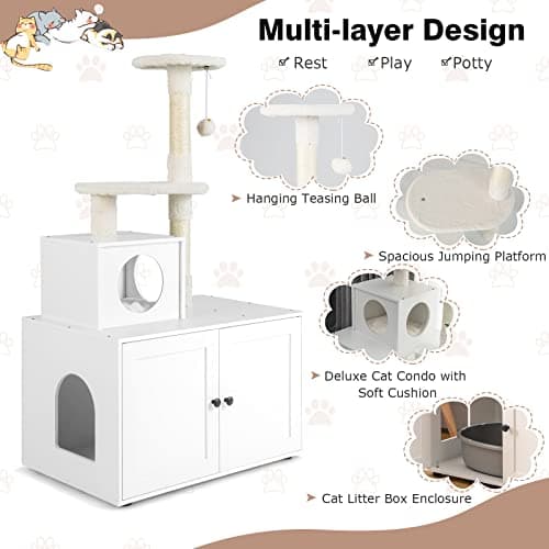 Tangkula 2-in-1 Litter Box with Cat Tree & Hidden Washroom for Indoor Cats (White)