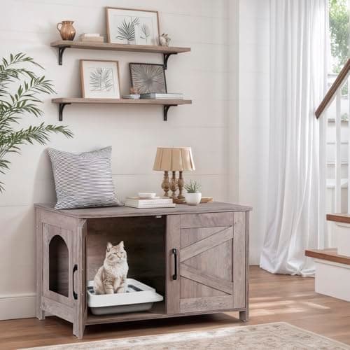 ZENY Cat Litter Box Enclosure, Wooden Divider, Farmhouse Style, Hidden Cabinet