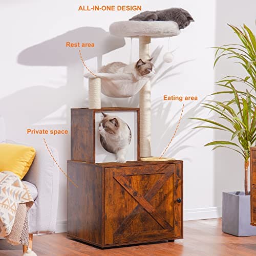 Heybly Wood Litter Box & Cat Tree Enclosure, Modern Style Cat Tower with Hammock
