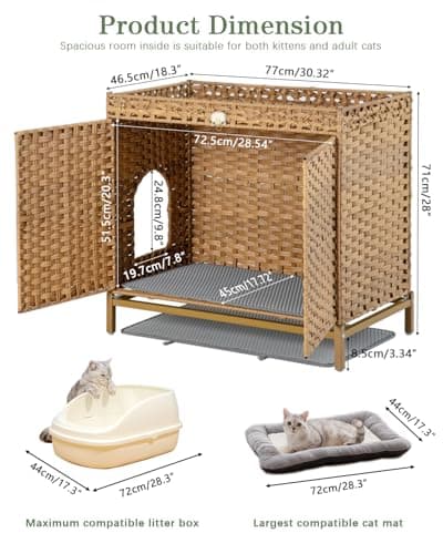 Hidden Handwoven Rattan Cat Litter Box Enclosure, Large Metal Feet, 30.3 x 18.3 x 28 Inches, Indoor