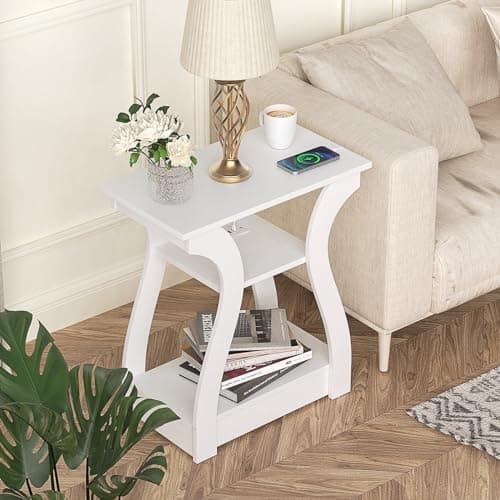 White End Table with Charging Station for Living Room and Bedroom Storage Shelf
