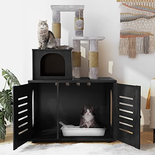 Recaceik Cat Litter Box with Tree, Hidden Washroom & Scratching Post, Black