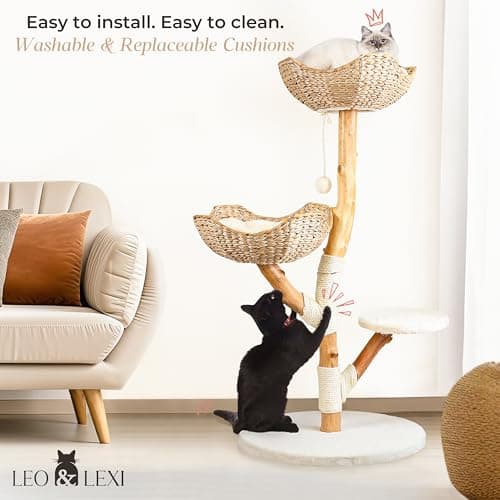 Solid Wood Modern Cat Tree Tower, Scratching Post & Bed for Large Cats
