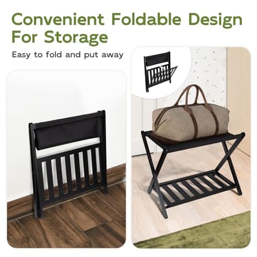 Bamboo Luggage Rack with Shelf | Heavy Duty, Black