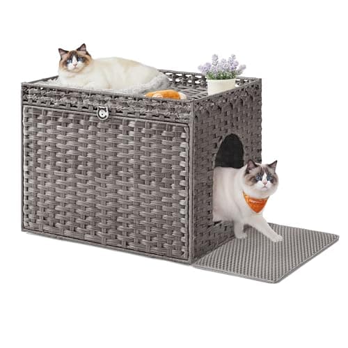 Feandrea Dove Gray Handwoven Rattan Cat Litter Box Enclosure UPCL014G01