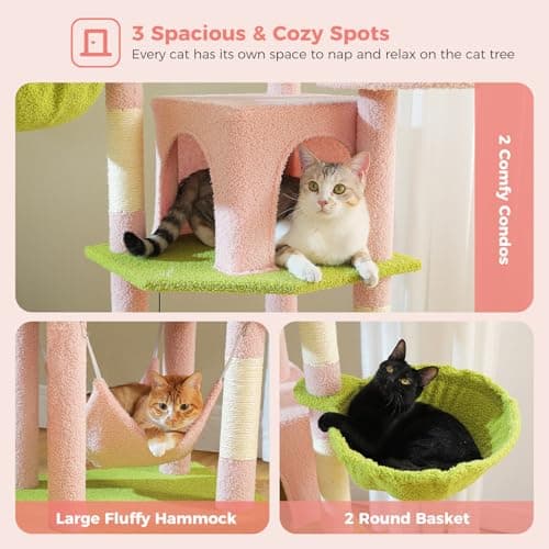 Large Multi-Level Pink Cat Tree for Indoor Cats with 3 Hammocks & 2 Condos