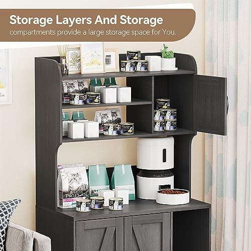 IDEALHOUSE Walnut Wood Cat Litter Box Enclosure with Shelves Doors
