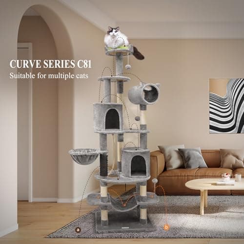 Tall Cat Tower 81-inch, Curved Series Cat Condos with Scratching Post, Hammock, Tunnel