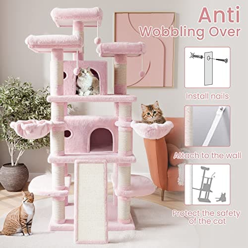 SHA CERLIN 68-Inch Multi-Level Cat Tree for Large Cats with Condo, Perches, Scratching Posts, and Hammocks - Pink
