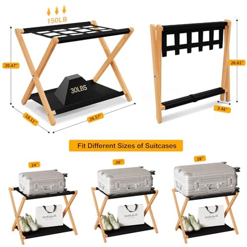 Natural Solid Wood PC Luggage Rack, Storage Shelf, Up to 180 LBS, Easy Assembly, Nylon Straps