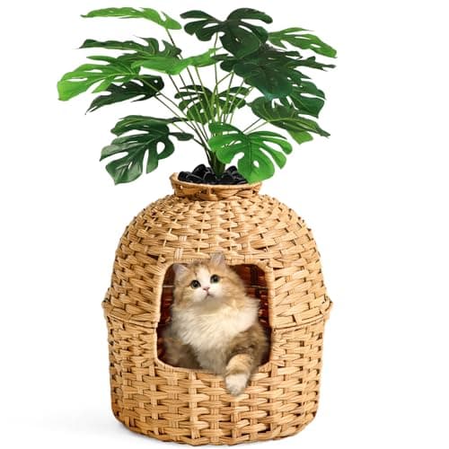 Hidden Handwoven Rattan Cat Litter Box Enclosure with Odor Control, Artificial Plants, Real Stones