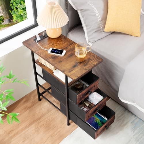 AMHANCIBLE Rustic Brown Narrow Side Table with Charging Station for Living Room and Bedroom