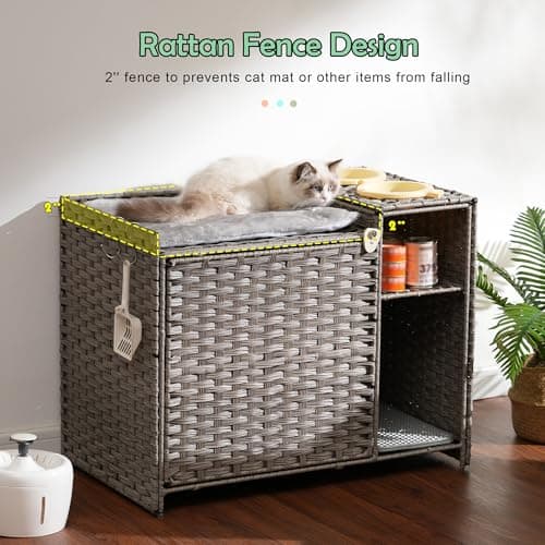Grey GCLB002G Handwoven Rattan Cat Condo with Litter Box Furniture