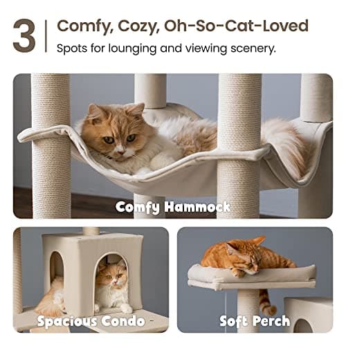 Beige Multi-Level MWPO Cat Tree with Perches, Hammock & Scratching Posts