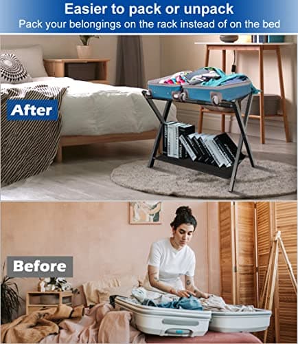 Black Foldable Suitcase Stand with Shelf, Hotel Guest Room Essential, 1 Pack