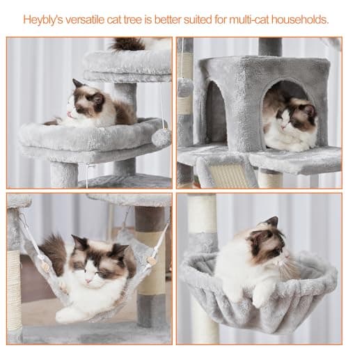 Heybly 71-Inch Tall Cat Tree for Indoor Cats - Light Gray with Perches, Condos, Hammocks, and Scratching Pad