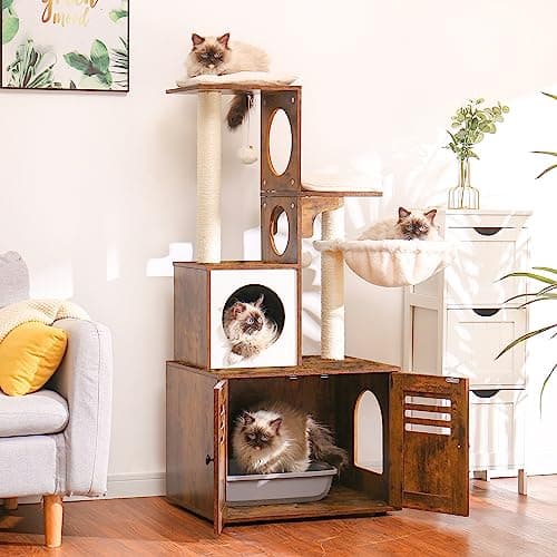 Heybly Wood Litter Box Cat Tree, Large Platform & Condo, Modern Style Cat Tower