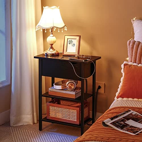 HOOBRO Black Narrow Nightstand with Charging Station BK341BZ01