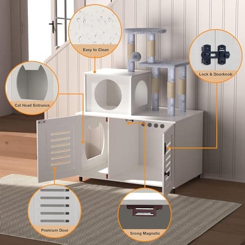 White All-in-One Cat Cabinet with Litter Box, Scratching Post, Soft Perch & Divider
