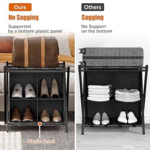 Black Folding Suitcase Stand with Storage Shelf for Guest Rooms