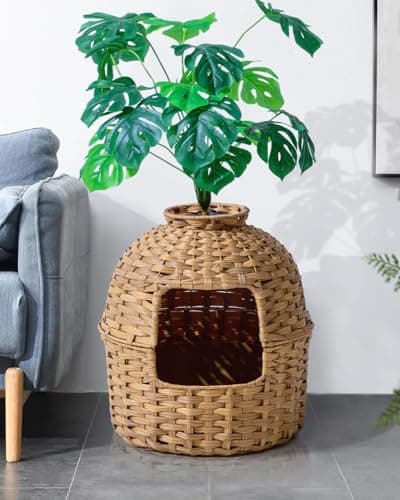 Hidden Handwoven Rattan Cat Litter Box Enclosure with Odor Control, Artificial Plants, Real Stones