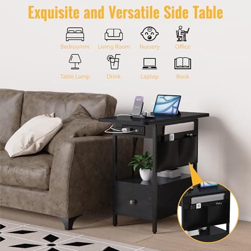 Narrow Nightstand with Storage & Charging for Small Spaces