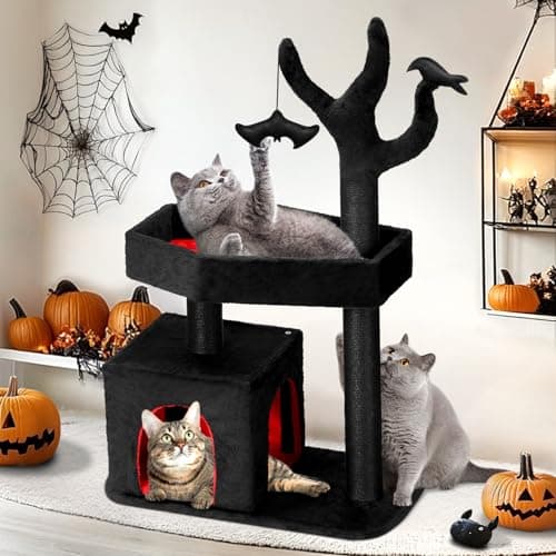 Heavy Duty Black & Red Gothic Cat Tree with Spacious Condo & Scratching Posts