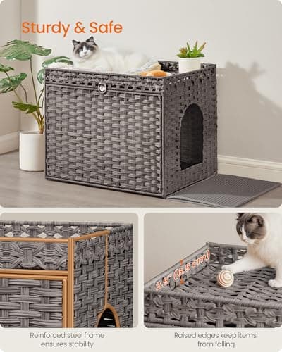 Feandrea Dove Gray Handwoven Rattan Cat Litter Box Enclosure UPCL014G01